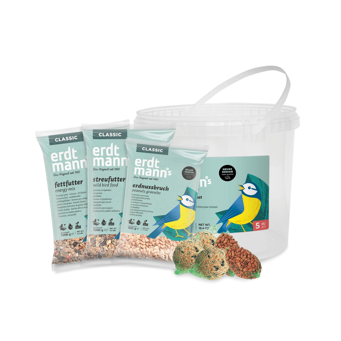 Vogelfutter-Set im Eimer