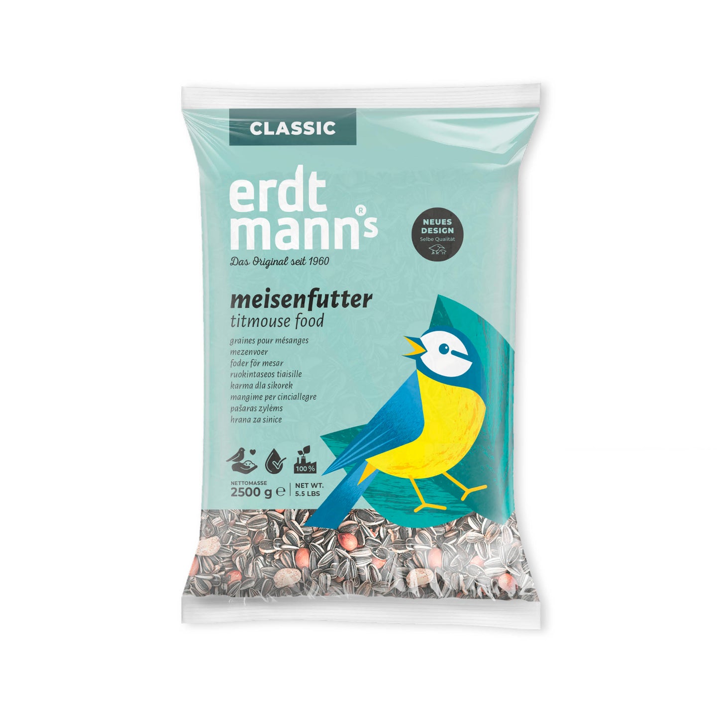 Meisenfutter - Hochwertiger Inhalt aus Sonnenblumenkernen, Erdnüssen und Hanfsaat