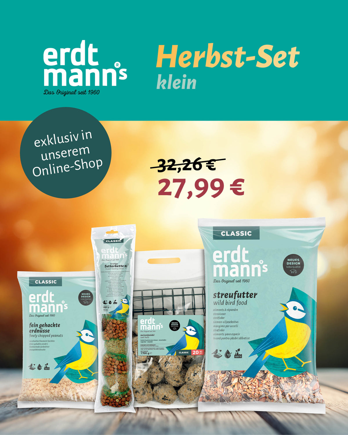 Herbst-Set: Streufutter, Futterkette, Erdnüsse, Knödel und Halter inklusive